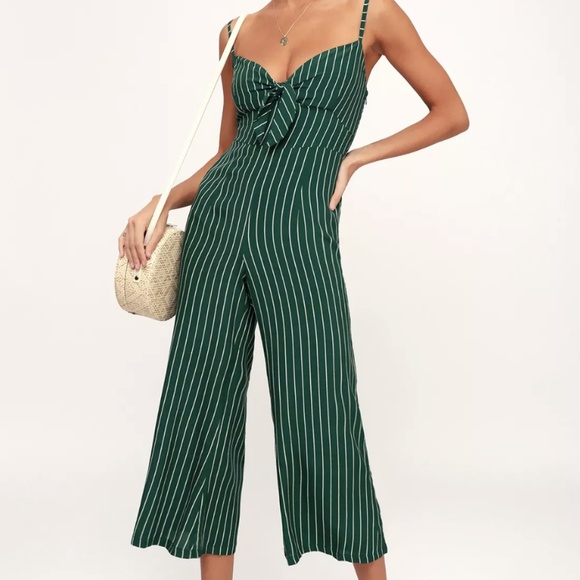 PRESLEY GREEN STRIPED TIE-FRONT JUMPSUIT - Picture 2 of 6